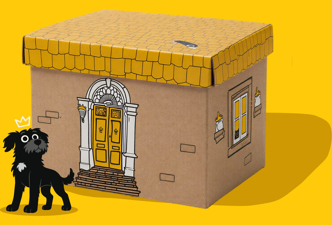 Una caja de envío con forma de casa y Quesito sentado al lado